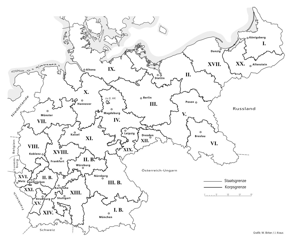 Die Aufteilung des Deutschen Reiches in 24 Armeekorpsbezirke.